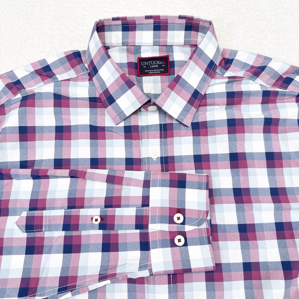 UNTUCKit Shirt Size Large Blue Purple Plaid Long Sleeve Button Up Stretch Career